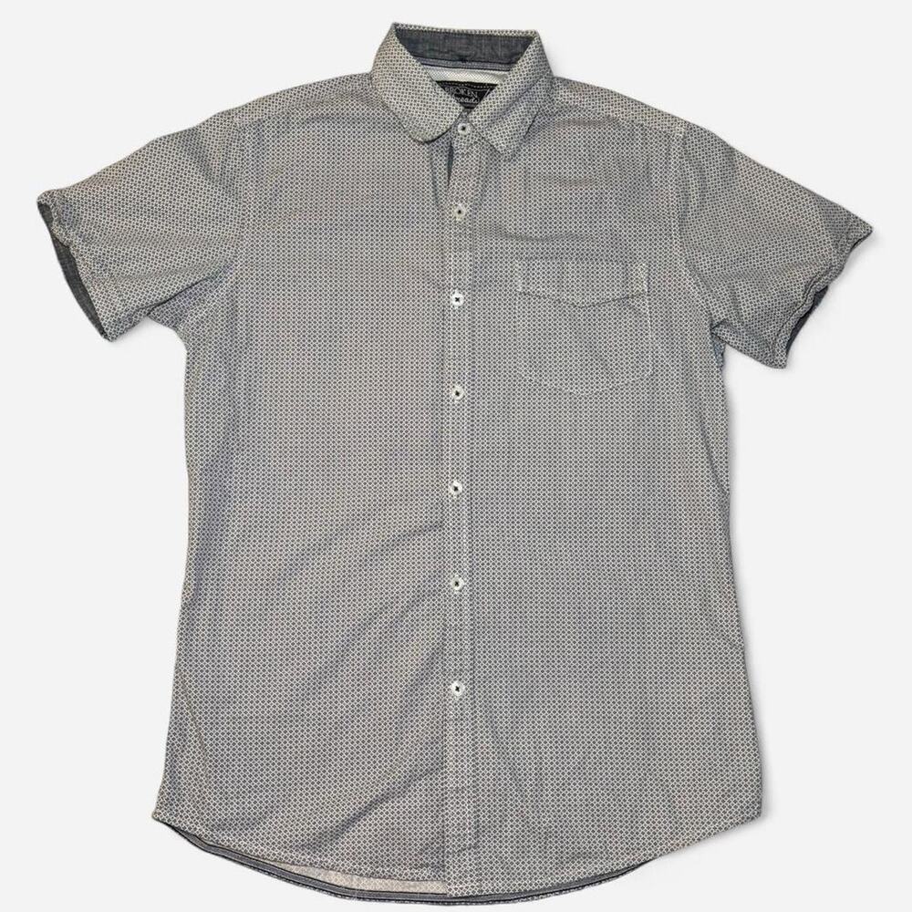 Broken Threads Men Small Cotton Button-Up Shirt White Gray Geometric Pattern